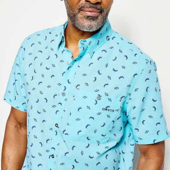 Orvis Shirts|Printed Tech Chambray Short-Sleeved Shirt Navy